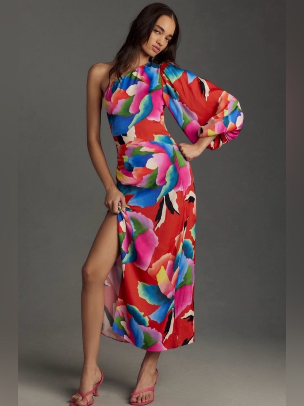 FARM Rio One-Shoulder Floral Midi Dress in Red Multi